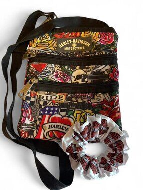 Harley-Davidson multicolor tattoo print crossbodybag with hair scrunchie